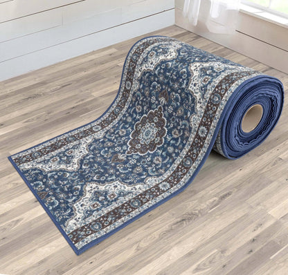 Custom Size Runner Gene Medallion Persian Blue Select Your Width x Choose Your Length Machine Washable Hallway Runner Rug Well Woven
