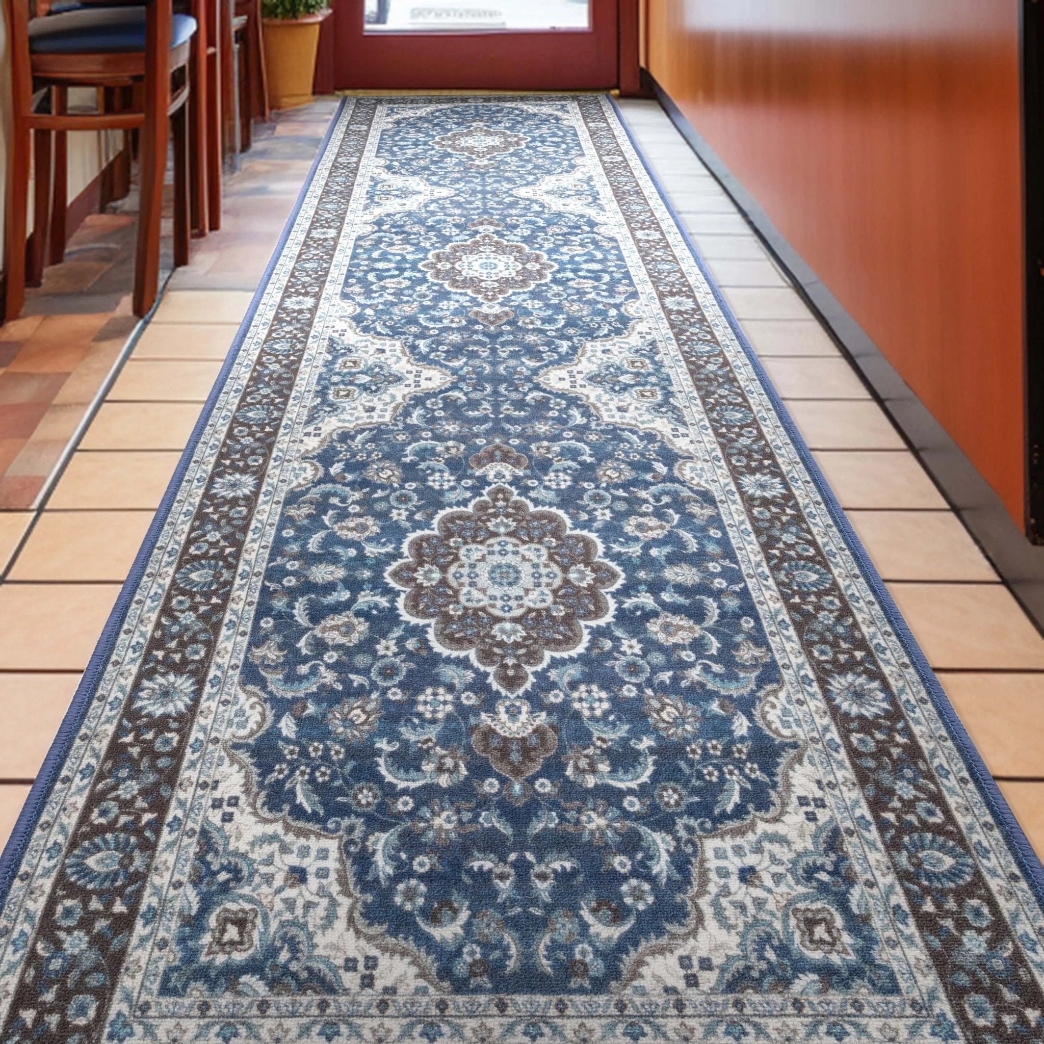 Custom Size Runner Gene Medallion Persian Blue Select Your Width x Choose Your Length Machine Washable Hallway Runner Rug Well Woven