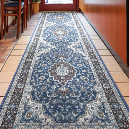 Custom Size Runner Gene Medallion Persian Blue Select Your Width x Choose Your Length Machine Washable Hallway Runner Rug Well Woven