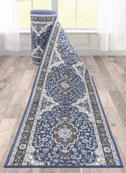 Custom Size Runner Gene Medallion Persian Blue Select Your Width x Choose Your Length Machine Washable Hallway Runner Rug Well Woven