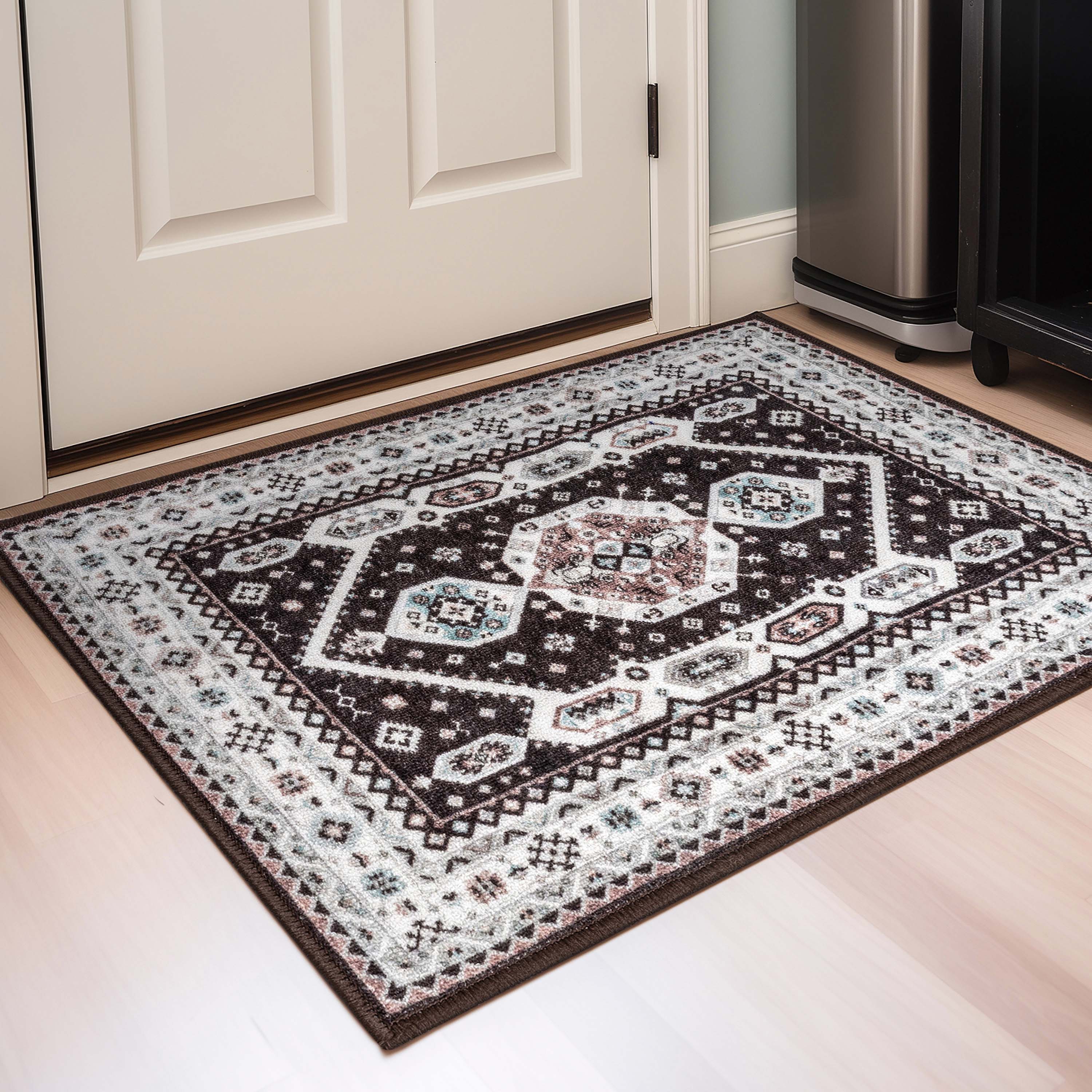 Kama Medallion Tribal Black Non-Slip Washable Rug with Rubber Backing for High-Traffic Areas Well Woven
