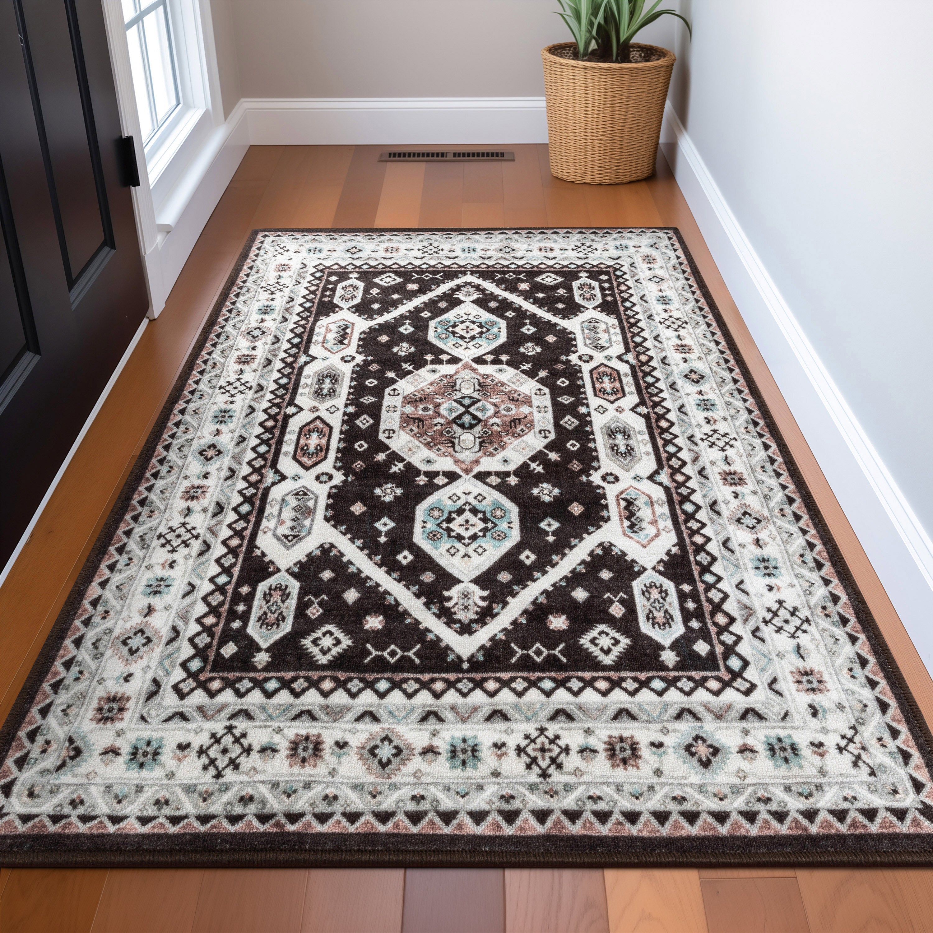 Kama Medallion Tribal Black Non-Slip Washable Rug with Rubber Backing for High-Traffic Areas Well Woven