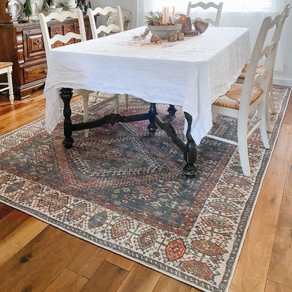 Ripon Machine Washable Vintage Medallion Botanical Border Blue Red Flat-Weave Distressed Rug Well Woven