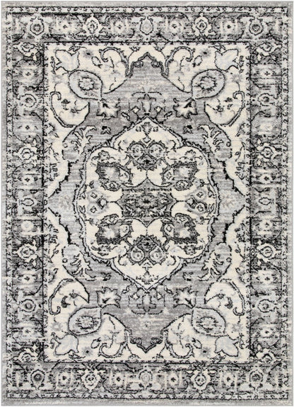 Arctic Bloom Medallion Oriental Ivory Grey High-Low Rug Well Woven