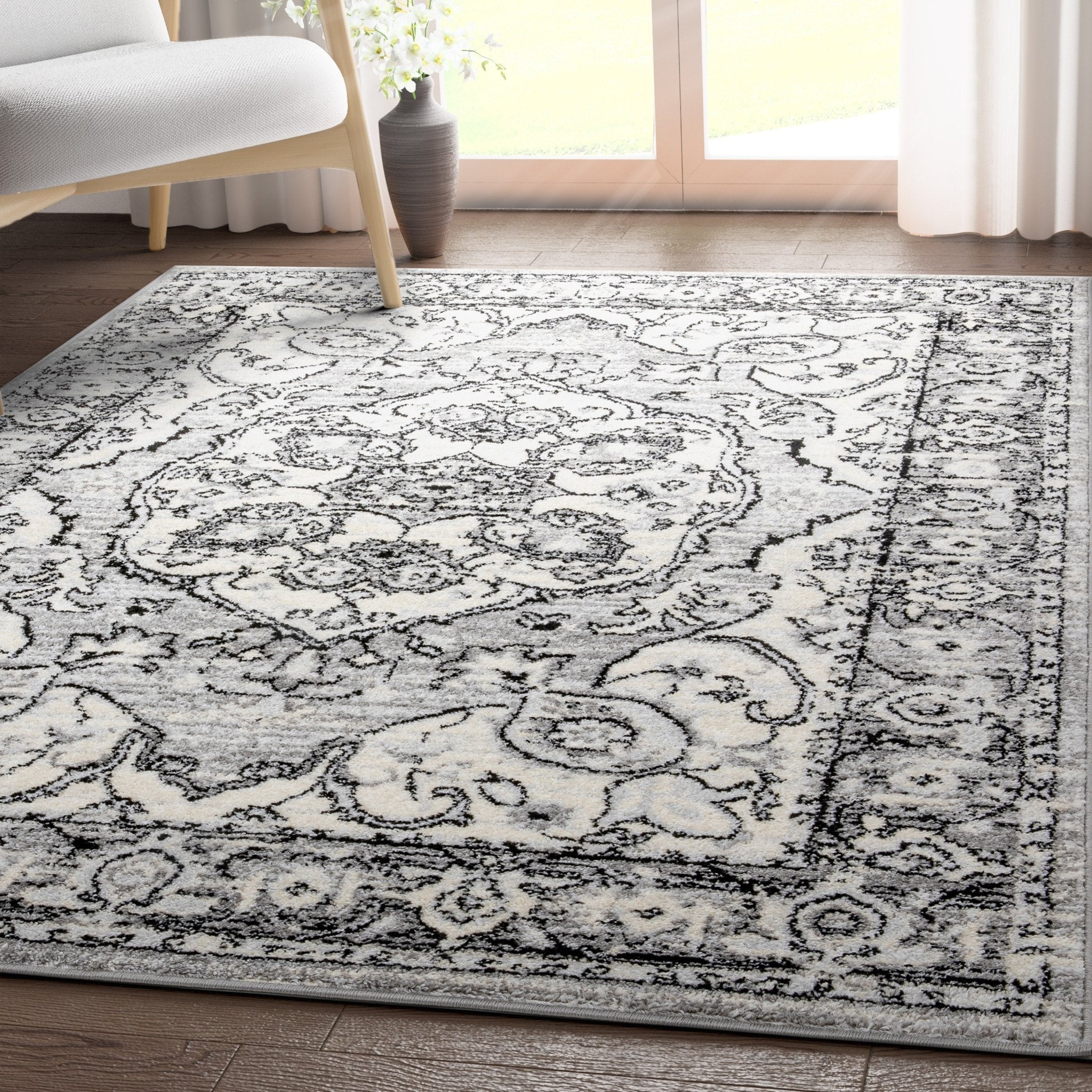 Arctic Bloom Medallion Oriental Ivory Grey High-Low Rug Well Woven