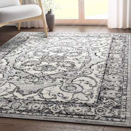 Arctic Bloom Medallion Oriental Ivory Grey High-Low Rug Well Woven