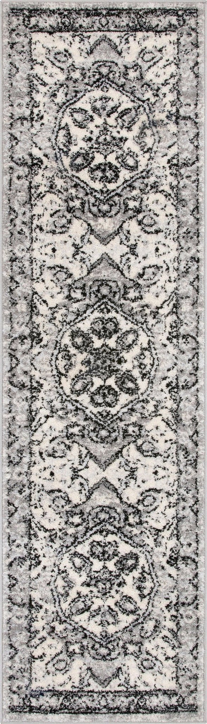 Arctic Bloom Medallion Oriental Ivory Grey High-Low Rug Well Woven