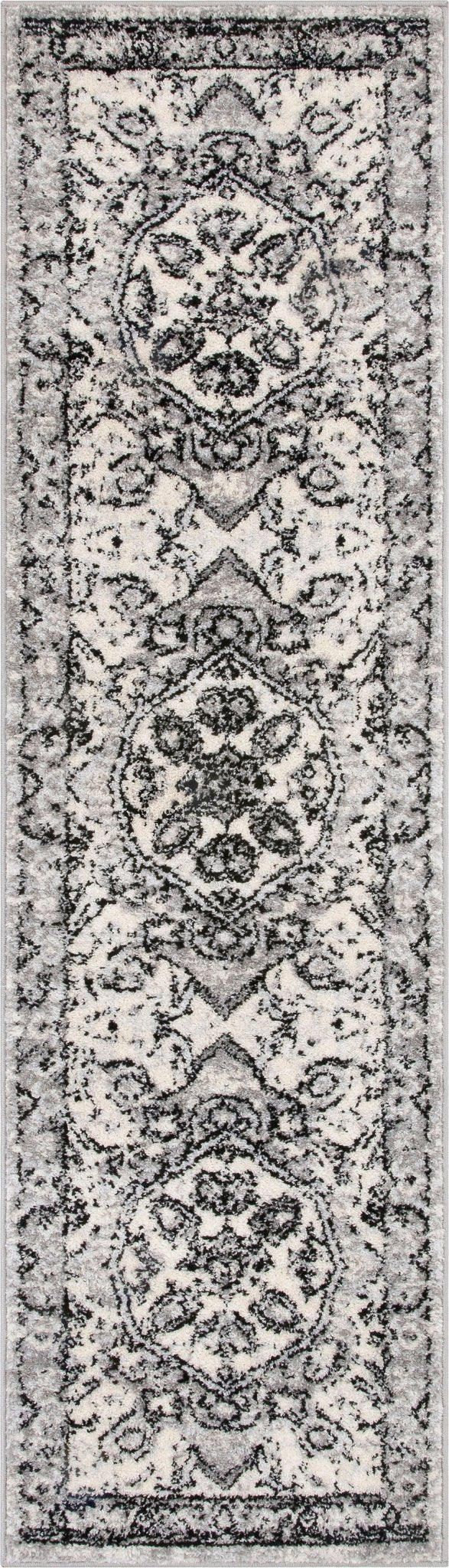 Arctic Bloom Medallion Oriental Ivory Grey High-Low Rug Well Woven
