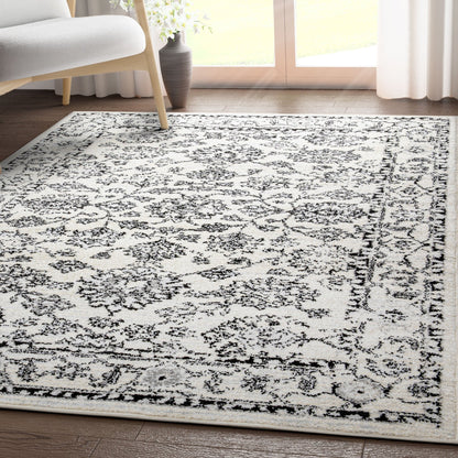 Palace Persian Oriental Botanical Ivory Grey High-Low Rug Well Woven