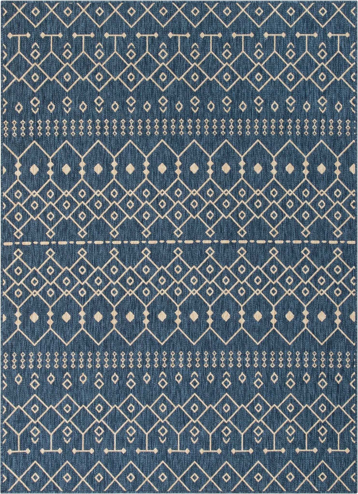Nord Moroccan Tribal Indoor Outdoor Blue Flatweave Rug Well Woven - Top-down view of a rectangular blue rug with white geometric patterns and decorative medallions.
