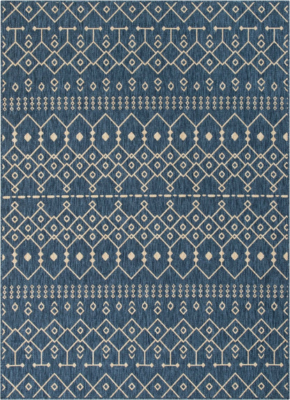 Nord Moroccan Tribal Indoor Outdoor Blue Flatweave Rug Well Woven - Top-down view of a rectangular blue rug with white geometric patterns and decorative medallions.