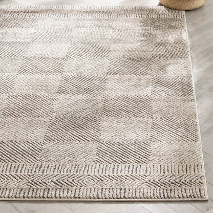 Hugo Tribal Geometric Beige Distressed High-Low Rug Well Woven