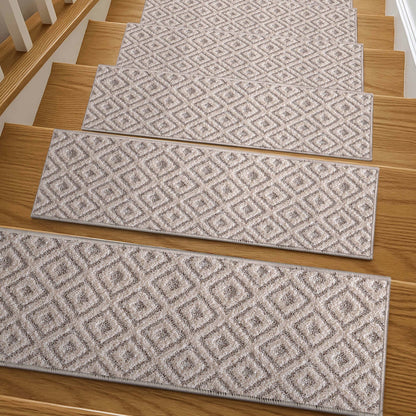 Pia Beige and Grey Stair Tread Rugs - Well Woven - Pia Beige and Grey Stair Tread Rugs on wooden steps