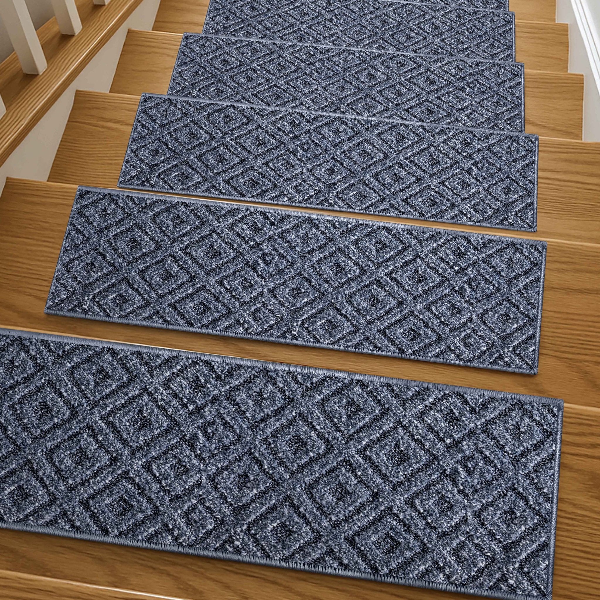 Pia Light Blue Stair Tread Rugs - Well Woven - Pia Light Blue Stair Tread Rugs on wooden stairs