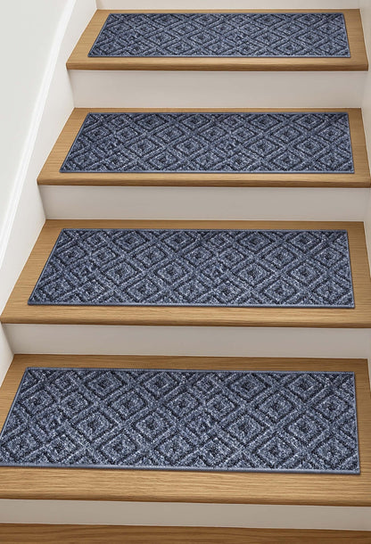 Pia Light Blue Stair Tread Rugs - Well Woven - Pia Light Blue Stair Tread Rugs on wooden steps