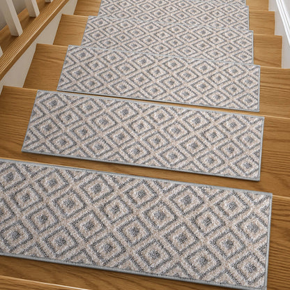 Pia Light Grey and Beige Stair Tread Rugs - Well Woven - Light Grey and Beige Stair Tread Rugs on wooden stairs