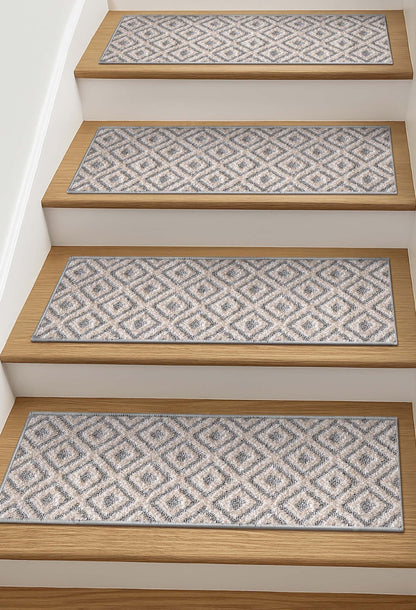 Pia Light Grey and Beige Stair Tread Rugs - Well Woven -  Light Grey and Beige Stair Tread Rugs on wooden steps