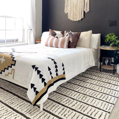 Viho Tribal Geometric Stripes Ivory High-Low Textured Pile Rug Well Woven