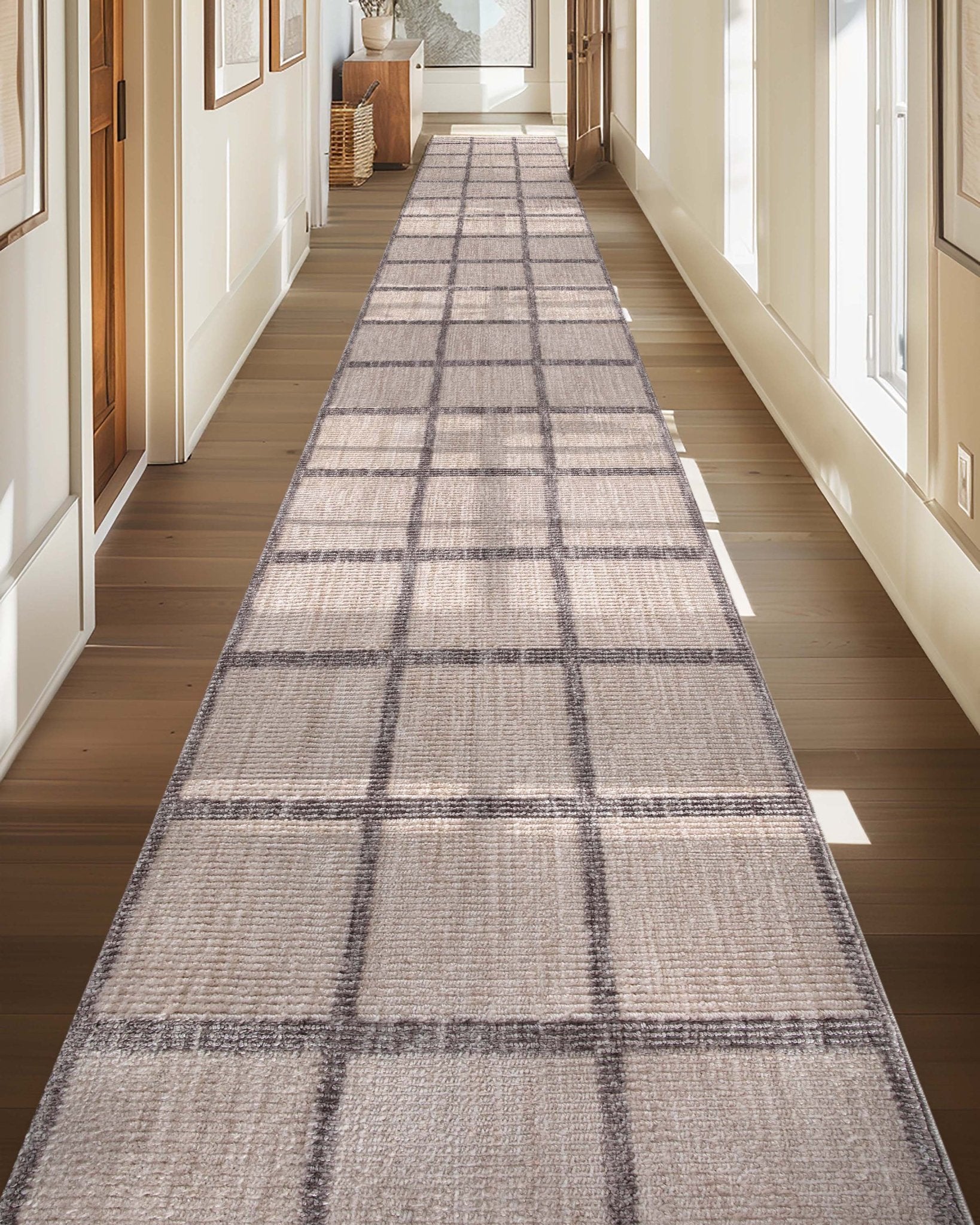 Custom Size Runner Hav Geometric Plaid Ivory Choose Your Width x Choose Your Length - Perfect For Hallway, Stairs & Kitchen Well Woven