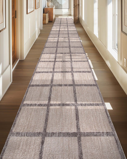 Custom Size Runner Hav Geometric Plaid Ivory Choose Your Width x Choose Your Length - Perfect For Hallway, Stairs & Kitchen Well Woven