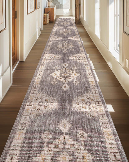 Custom Size Runner Isfjord Tribal Medallion Grey Choose Your Width x Choose Your Length - Perfect For Hallway, Stairs & Kitchen Well Woven