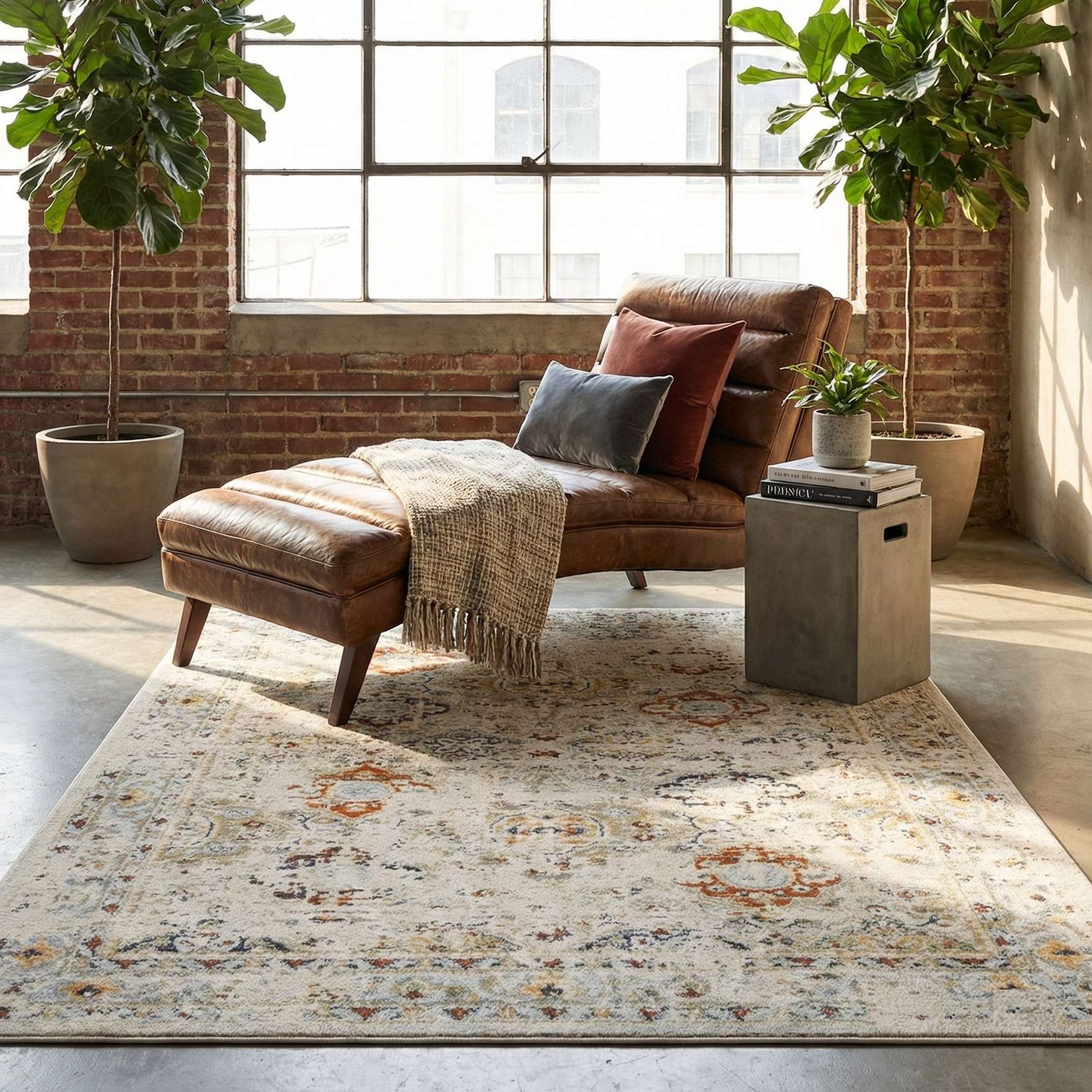 OM-122 – Living room with a brown leather lounge chair and a cream vintage distressed rug with rust and gray accents.