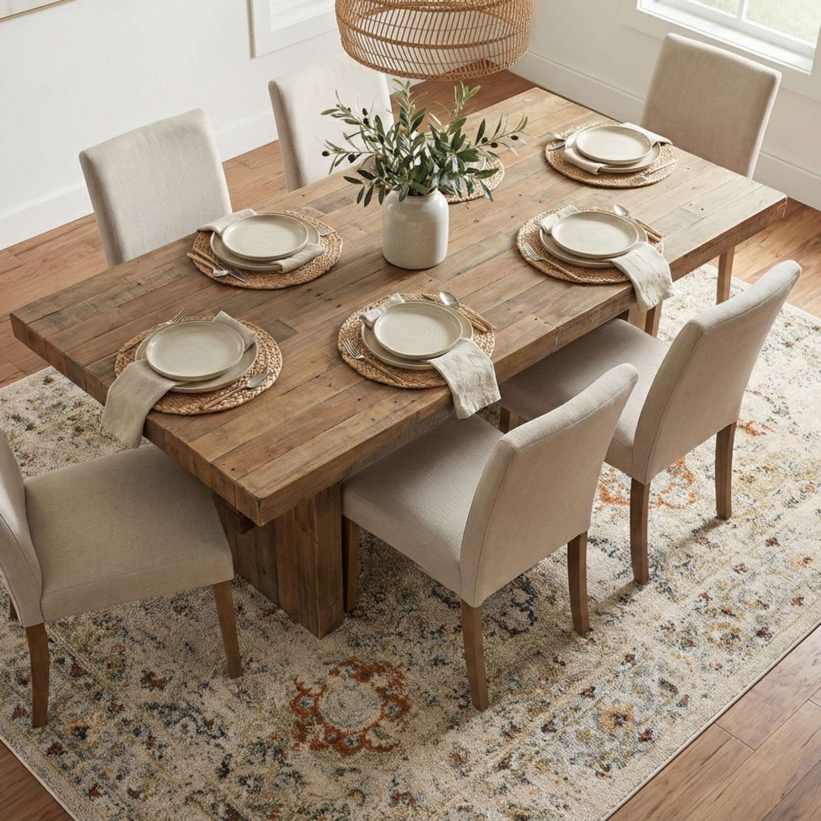 OM-122 – Dining room with a wooden table, upholstered chairs, and a cream vintage distressed rug with rust and gray accents.