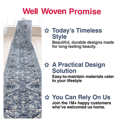 Custom Size Runner Camilla Farmhouse Medallion Denim Blue Choose Your Width x Choose Your Length Hallway Runner Rug Well Woven