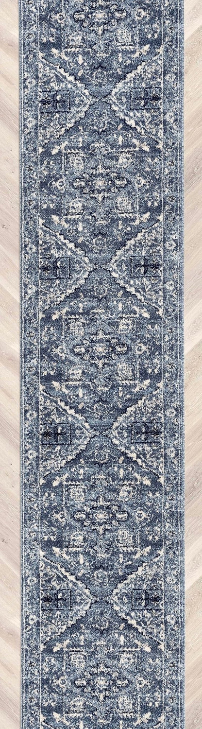 Custom Size Runner Camilla Farmhouse Medallion Denim Blue Choose Your Width x Choose Your Length Hallway Runner Rug Well Woven