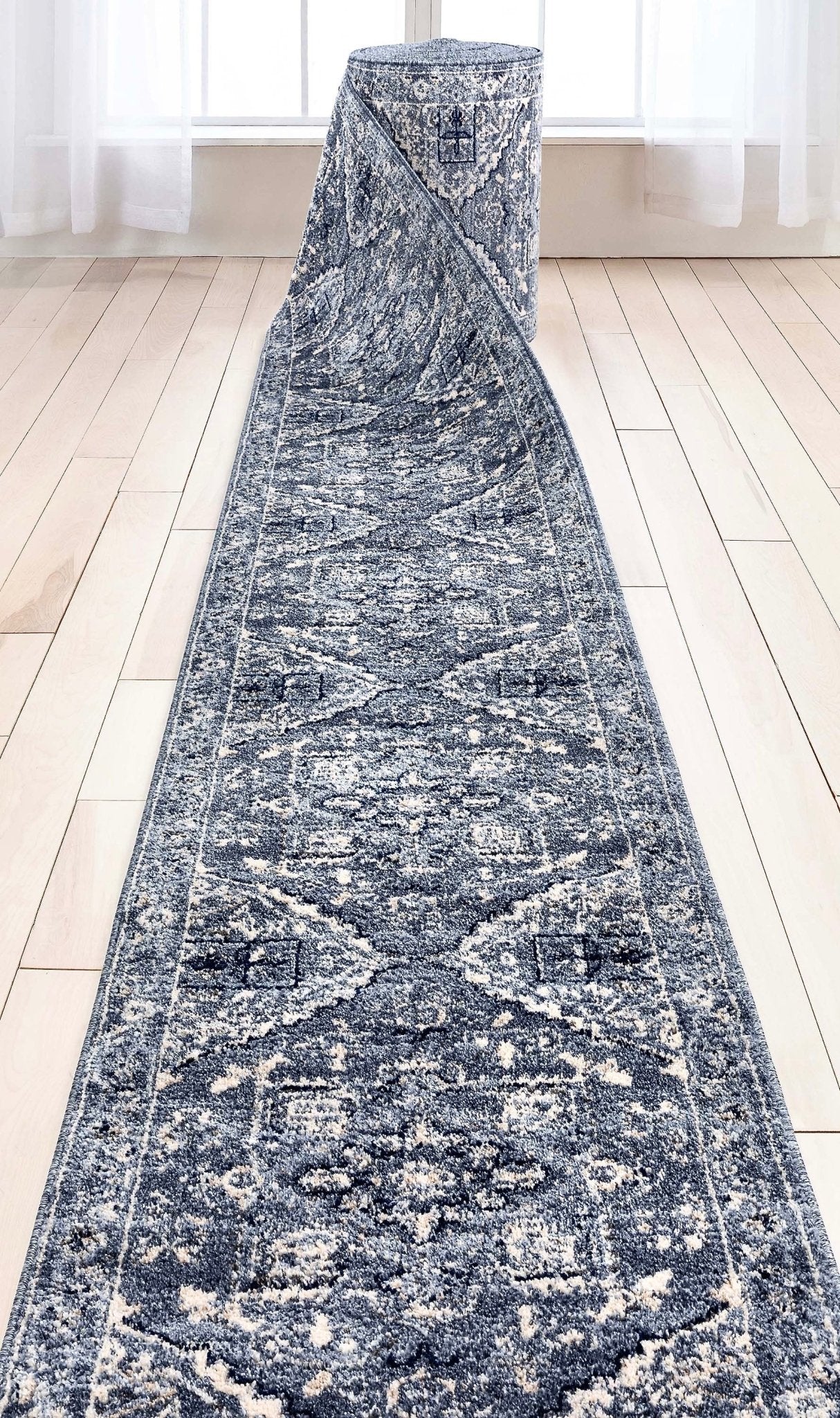 Custom Size Runner Camilla Farmhouse Medallion Denim Blue Choose Your Width x Choose Your Length Hallway Runner Rug Well Woven