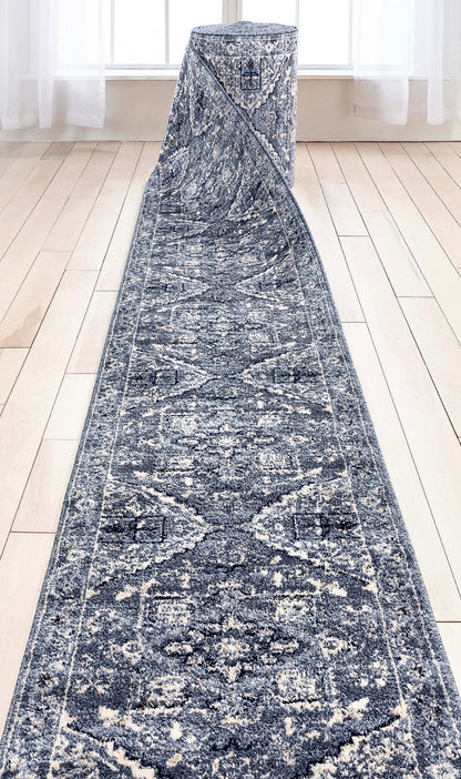 Custom Size Runner Camilla Farmhouse Medallion Denim Blue Choose Your Width x Choose Your Length Hallway Runner Rug Well Woven