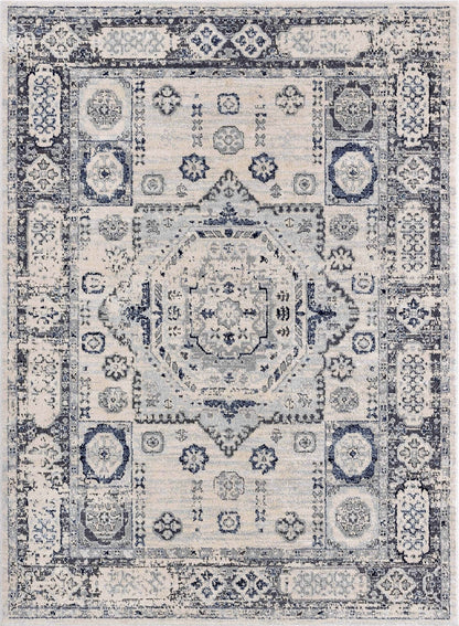Leon Medallion Ivory Blue Beige Rug For Living Room, Bedroom, and Dining Room Well Woven