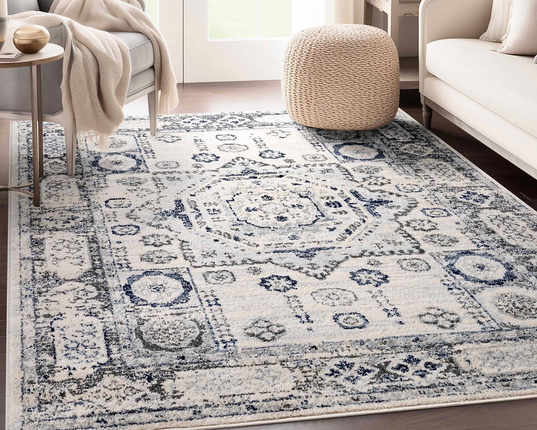 Leon Medallion Ivory Blue Beige Rug For Living Room, Bedroom, and Dining Room Well Woven