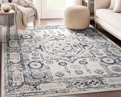 Leon Medallion Ivory Blue Beige Rug For Living Room, Bedroom, and Dining Room Well Woven