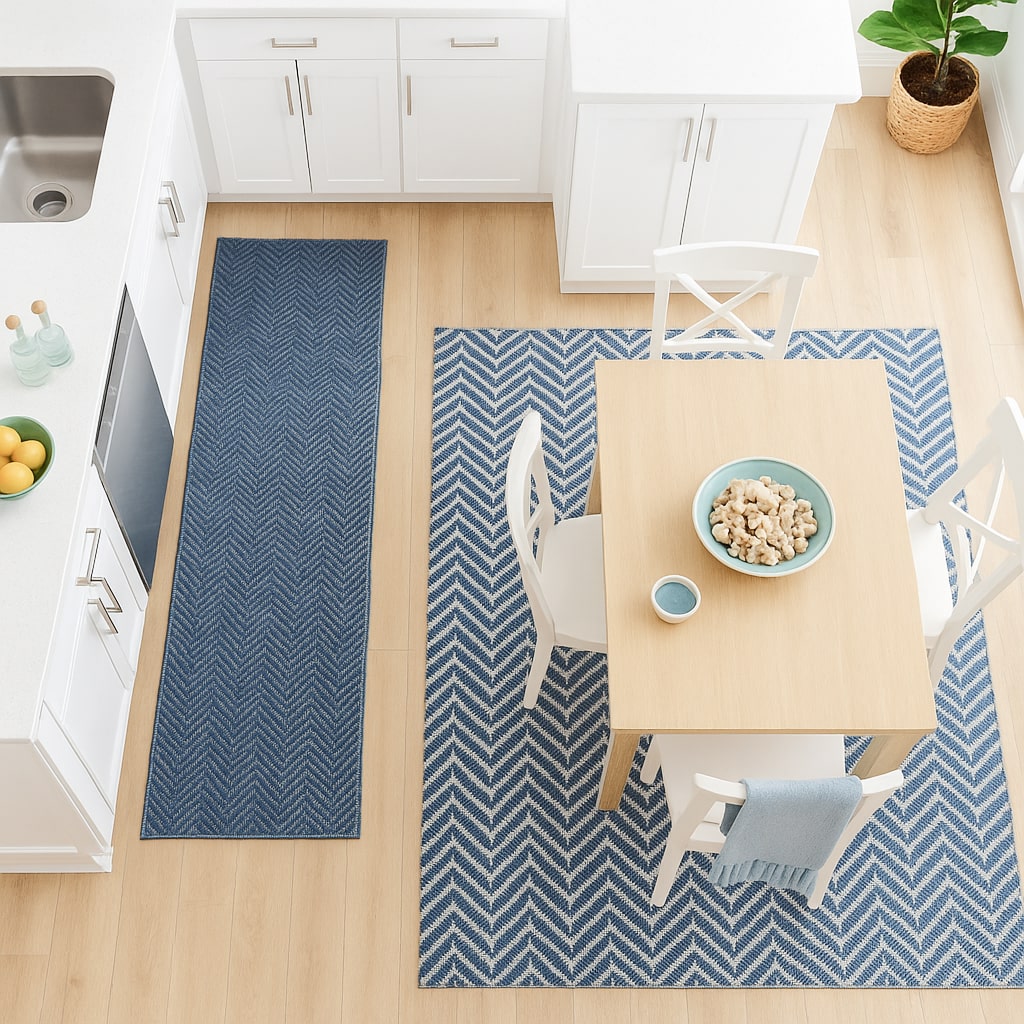Blue and beige chevron patterned rug on a wooden floor with a dining table and chairs. An l-shaped kitchen with a blue runner rug is close by.