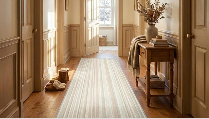 Narrow hallway with wooden floor, striped runner rug, and small table with decor items.
