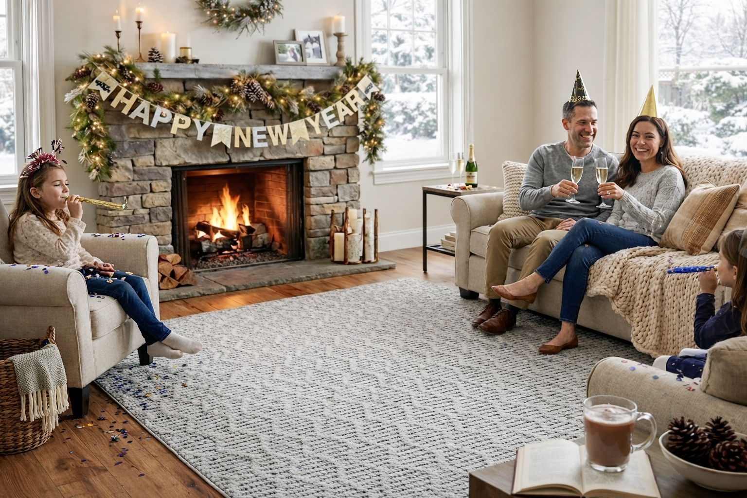 Family celebrating New Year's Day in a cozy living room with a fireplace and a custom rug from Well Woven