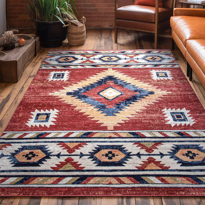 Lea Crimson Traditional Southwestern Tribal Rug Well Woven