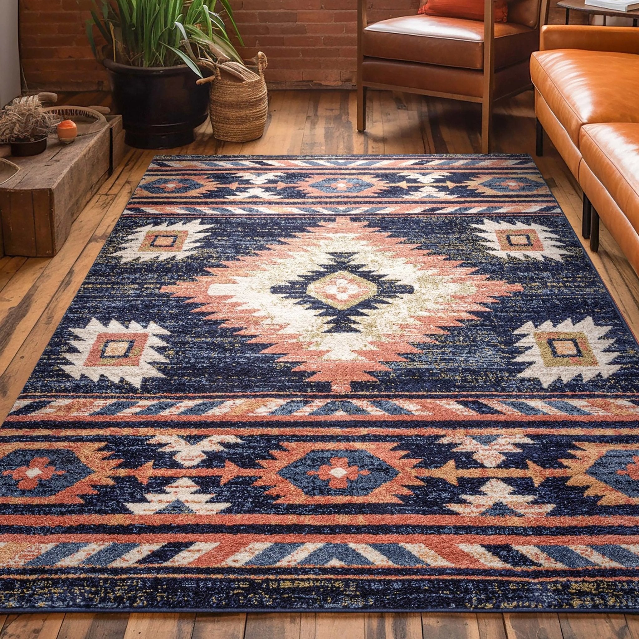 Lea Blue Traditional Southwestern Tribal Rug Well Woven