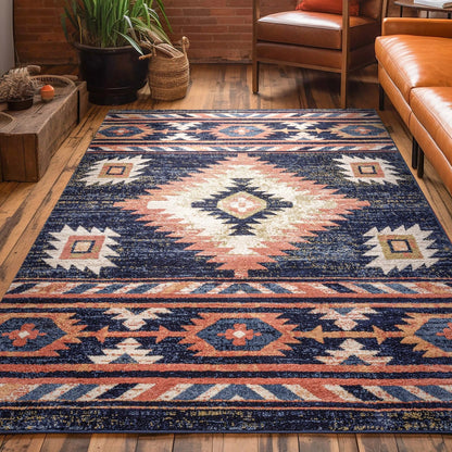 Lea Blue Traditional Southwestern Tribal Rug Well Woven