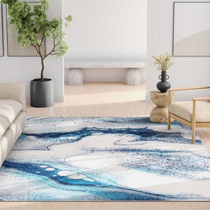 Tokyo Abstract Marble Blue Flatweave Rug Well Woven