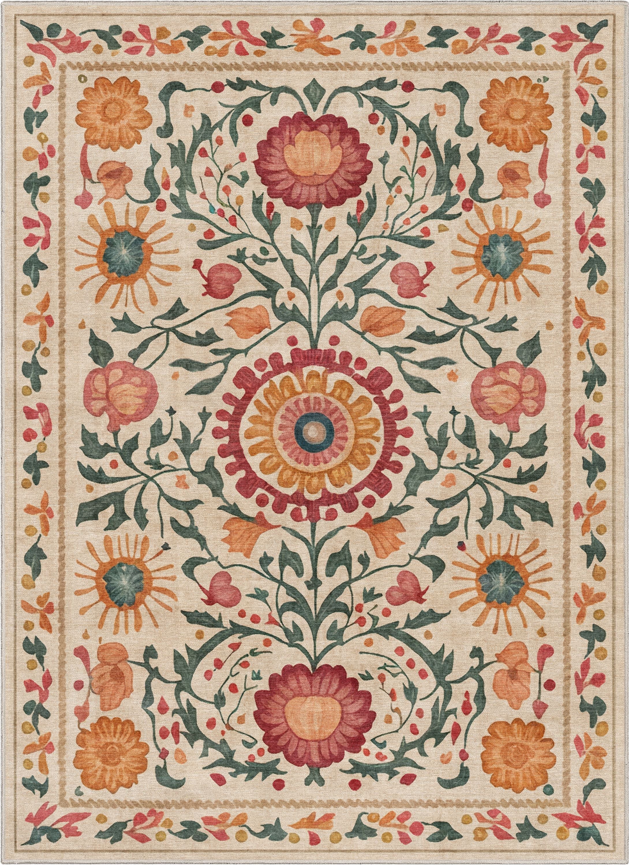 Top-down view of the Apollo Botanical Suzani Rug featuring intricate floral Suzani motifs on a beige background.