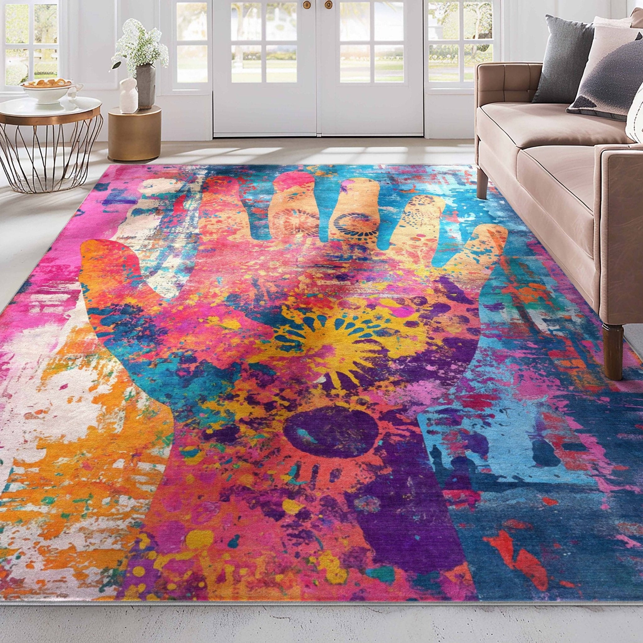 Apollo Aurora Bloom – Hand-Print Floral Abstract Flat Woven Multicolor Rug Well Woven