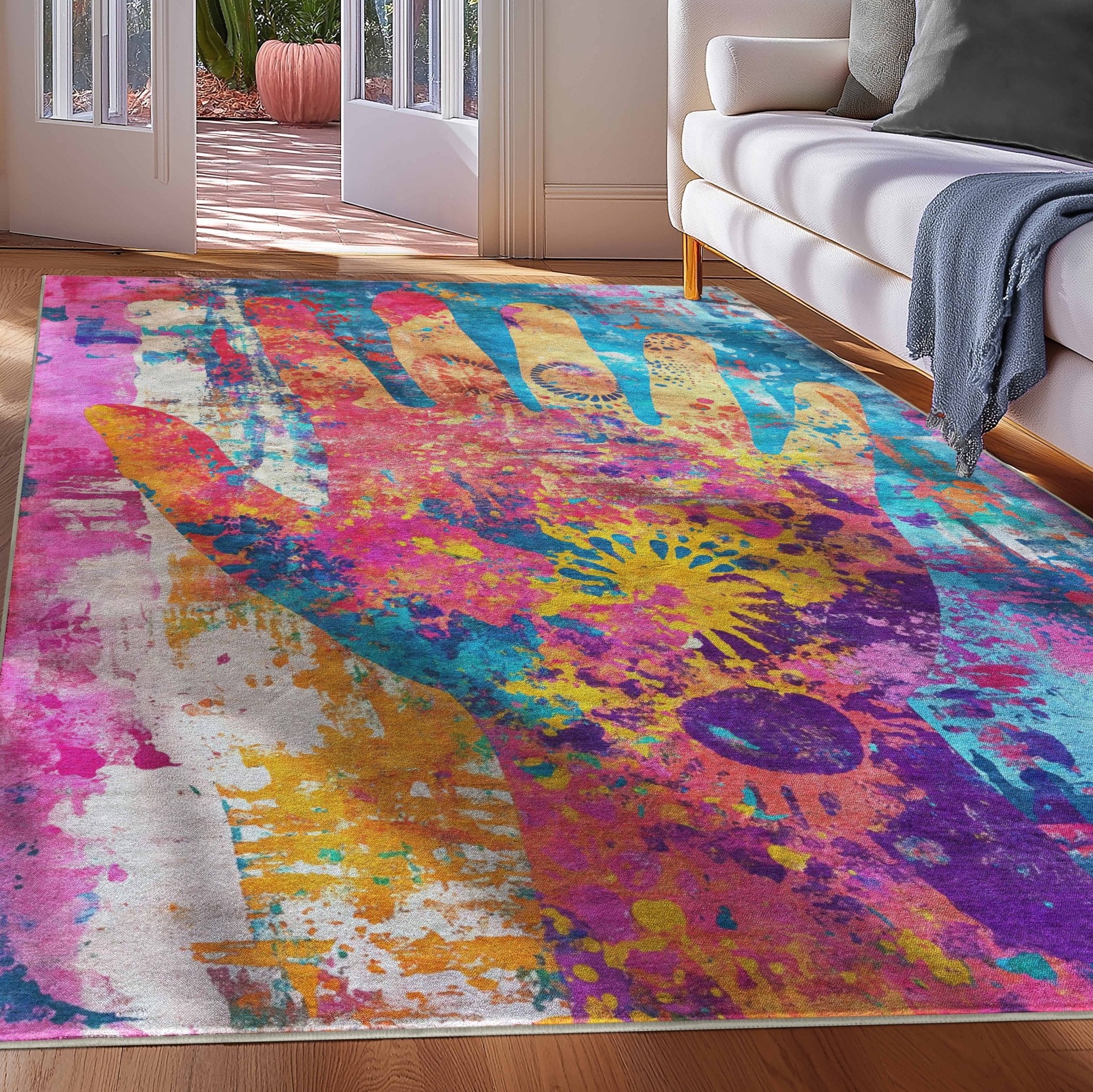 Apollo Aurora Bloom – Hand-Print Floral Abstract Flat Woven Multicolor Rug Well Woven