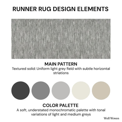 Runner rug design elements info card with texture and color palette description for the Apollo Striations, a custom size runner rug from Well Woven.