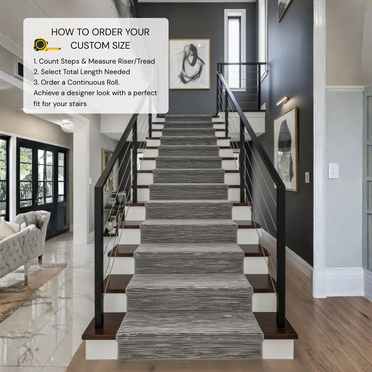 Staircase with custom-sized gray carpet runners in a modern home setting.