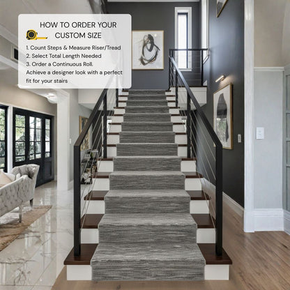 Staircase with custom-sized gray carpet runners in a modern home setting.