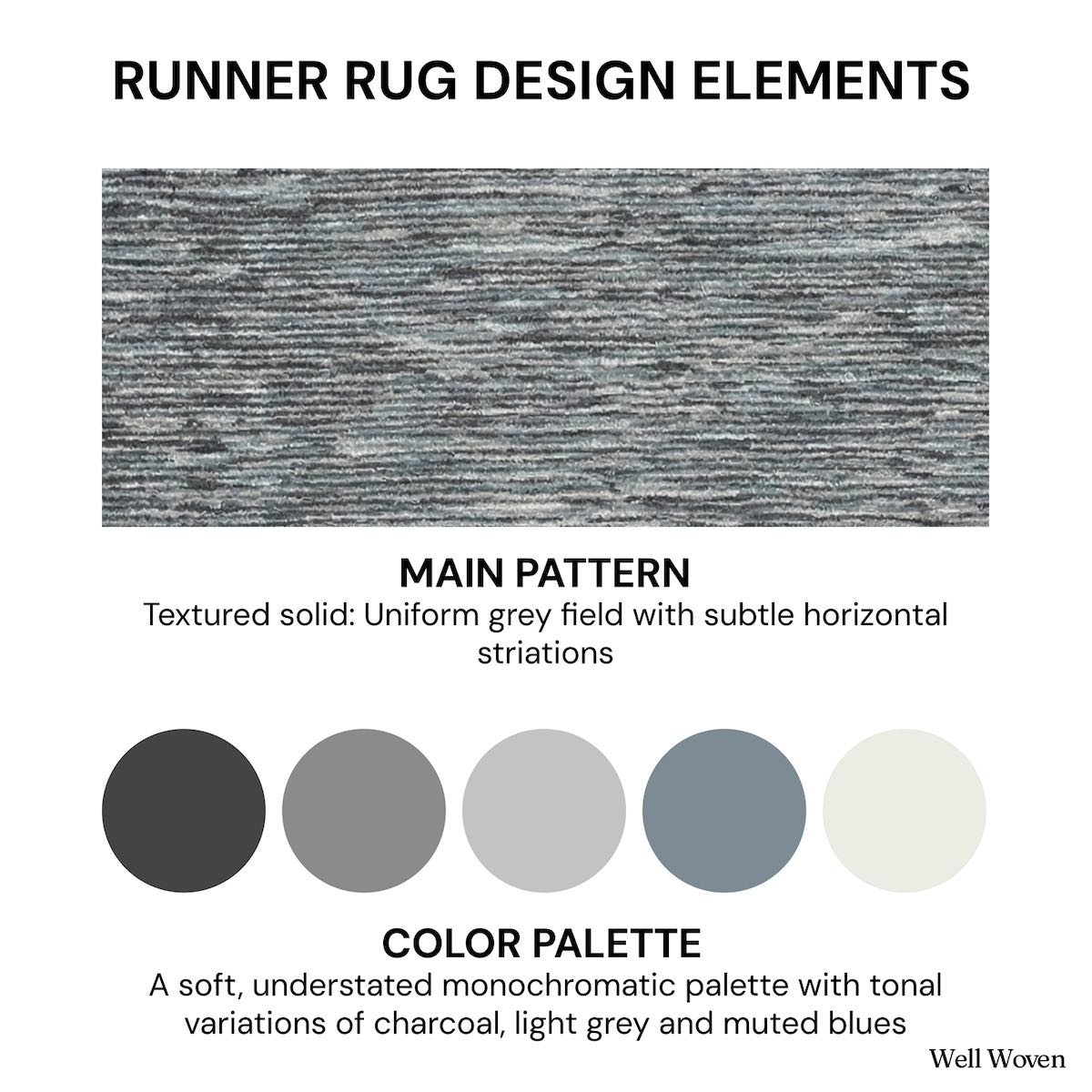 Well Woven runner rug design elements image displaying the textured fogstone pewter striped pattern and the rug’s color palette of charcoal, light grey, muted blues, and soft neutrals.