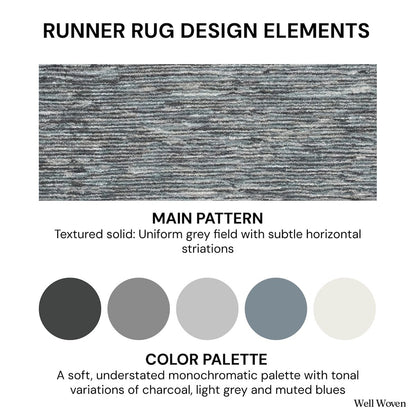 Well Woven runner rug design elements image displaying the textured fogstone pewter striped pattern and the rug’s color palette of charcoal, light grey, muted blues, and soft neutrals.