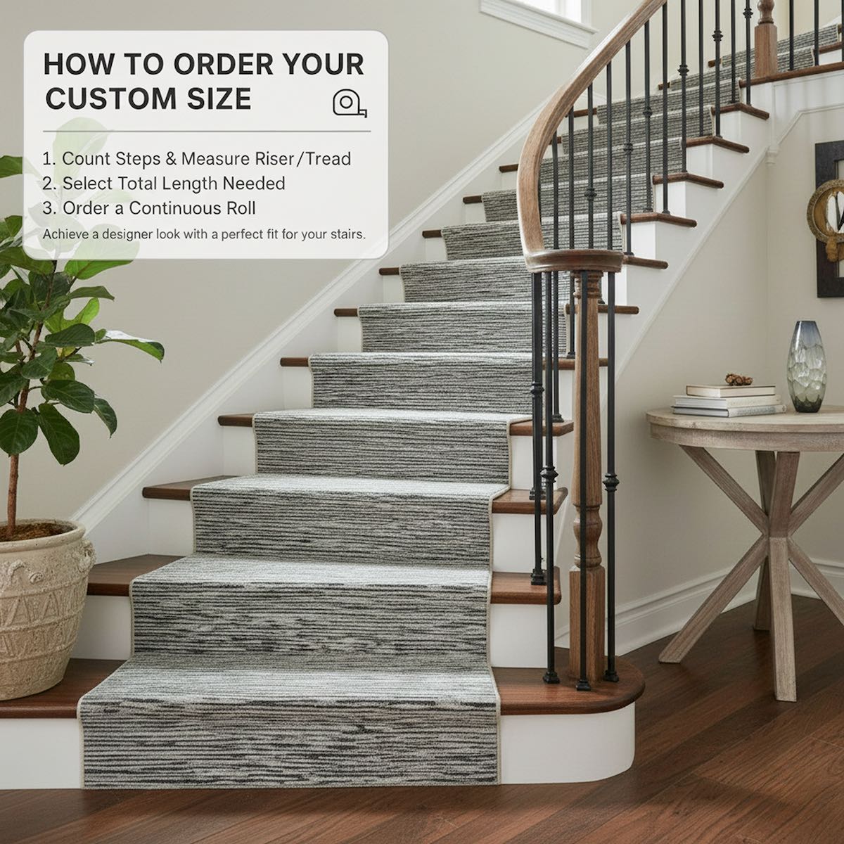 Custom size stair runner rug in modern striped fogstone and pewter by Well Woven, shown installed on a wood staircase with a continuous-roll design and ordering instructions.